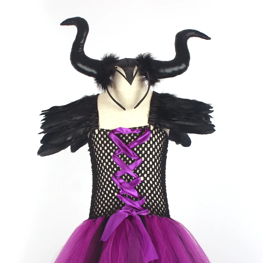 Costume de sorcière Cosplay pour enfants, robe de gaze violette, robes de princesse en maille, vêtements de fête d'Halloween, malédiction du sommeil, reine maléfique, fille