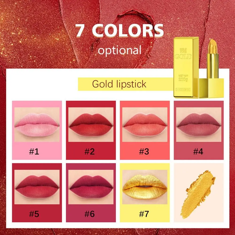 Long Lasting Glitter Gold Lipstick Waterproof Shimmer Metallic Matte Lip Gloss Non-Sticky Cup Gold Tube Velvet Lip Stick