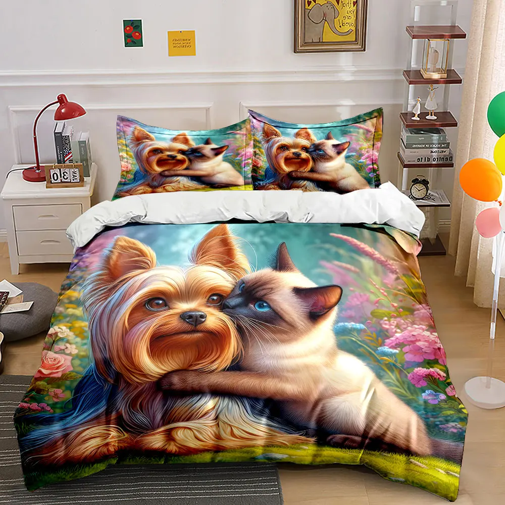 cute Yorkshire Terrier & Siamese Cat printed bedding set  Exquisite three-piece bedding set gift for kids and adults