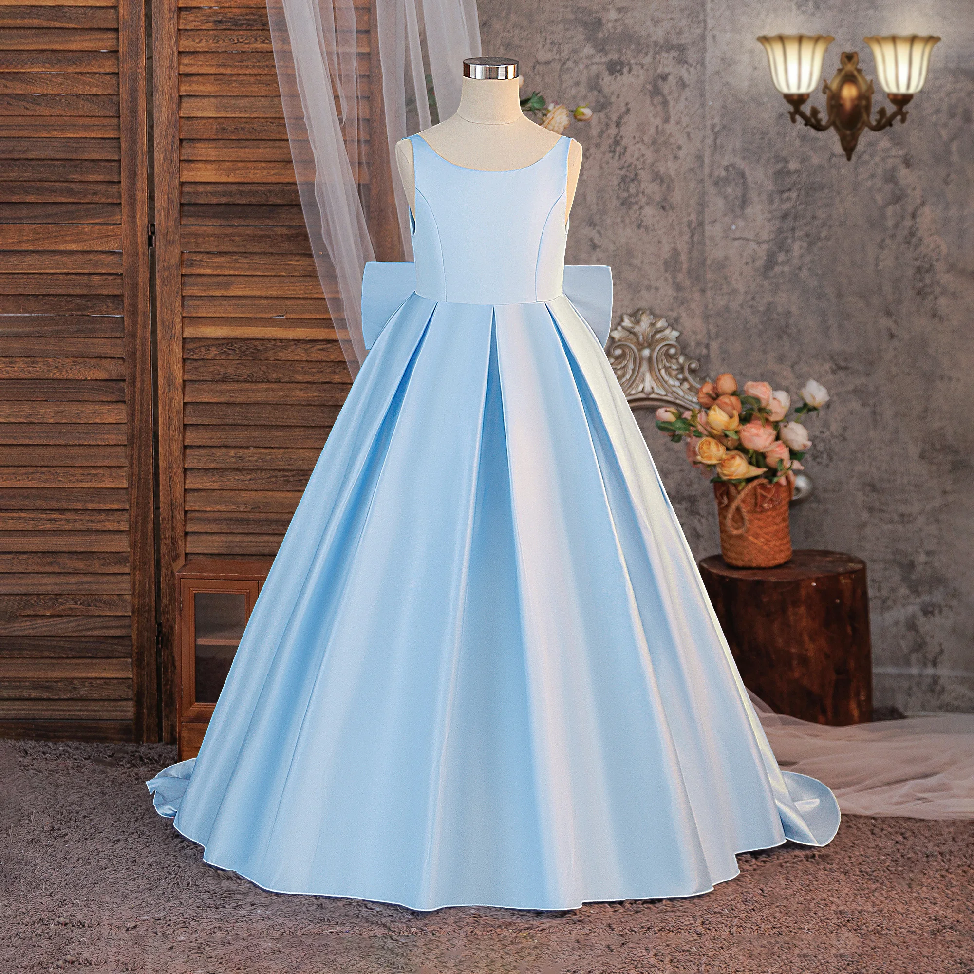 Elegant Bow Wedding Party Girls Dress Summer Trailing Baptism Bridesmaids Princess Evening Dress Girl First Communion Prom Gown