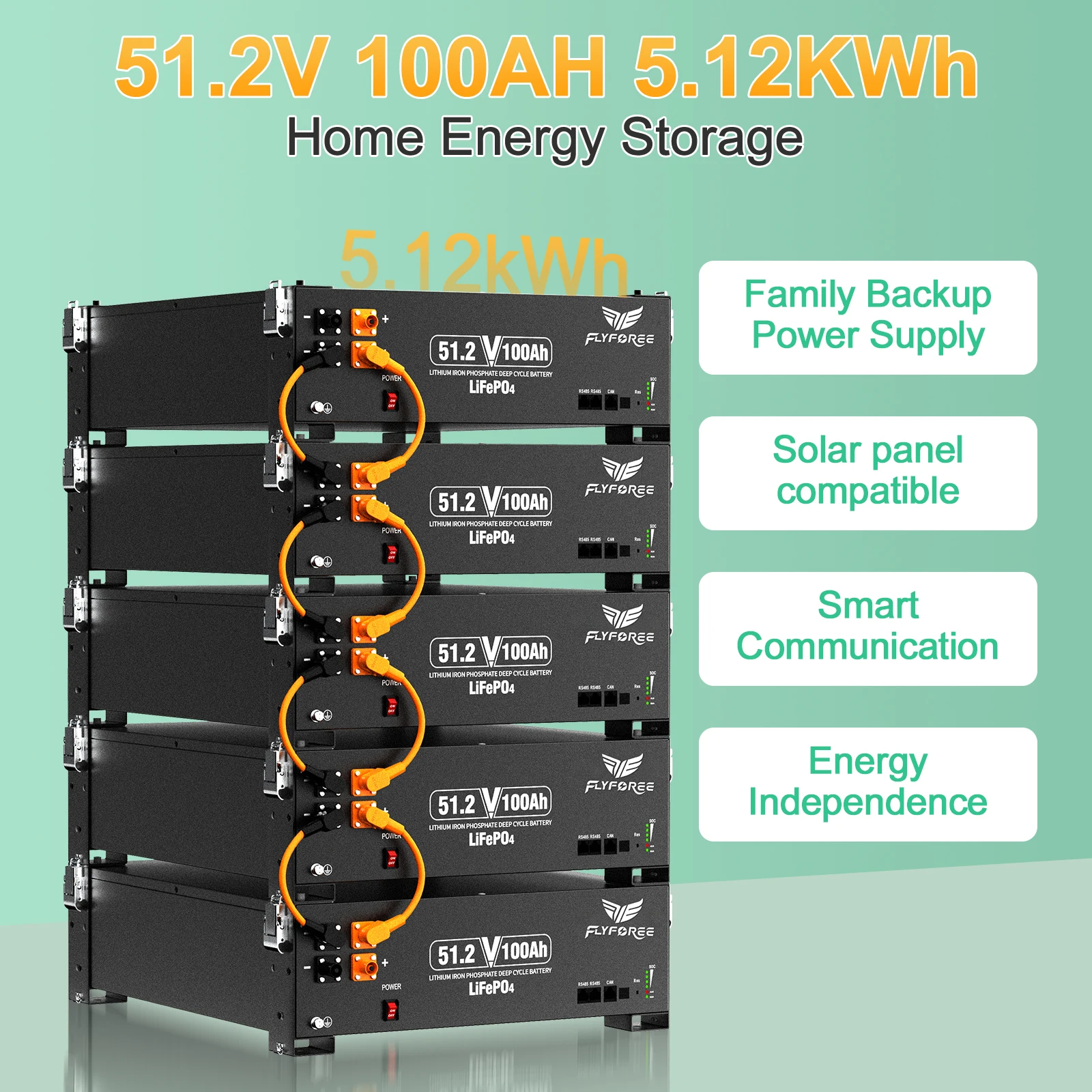 FLLYROWER 48V 100AH LiFePO4 Lithium-Batteriepack 5,12KW 8000+ Zyklen Mit BMS 100A Für Solarpanel Off-Grid Heimspeicher – Detail 11