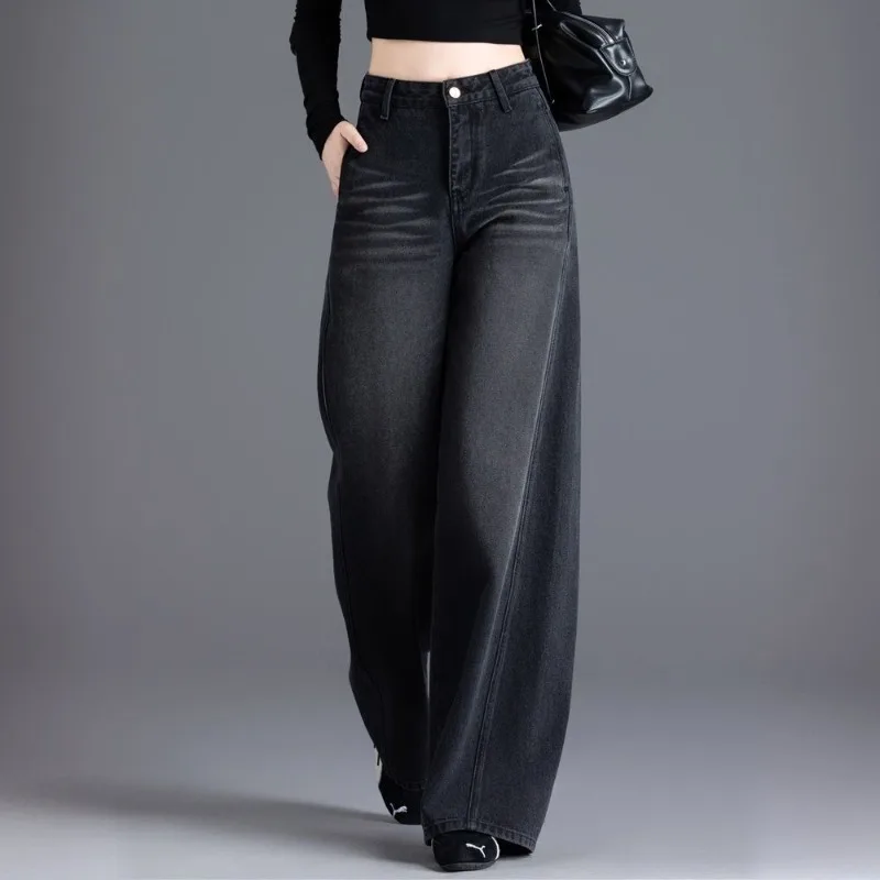 Nowe amerykańskie jeansy retro z polaru na jesień i zimę, z wysokim stanem, luźne, casualowe, wyszczuplające, proste, modne, uniwersalne spodnie z szerokimi nogawkami.