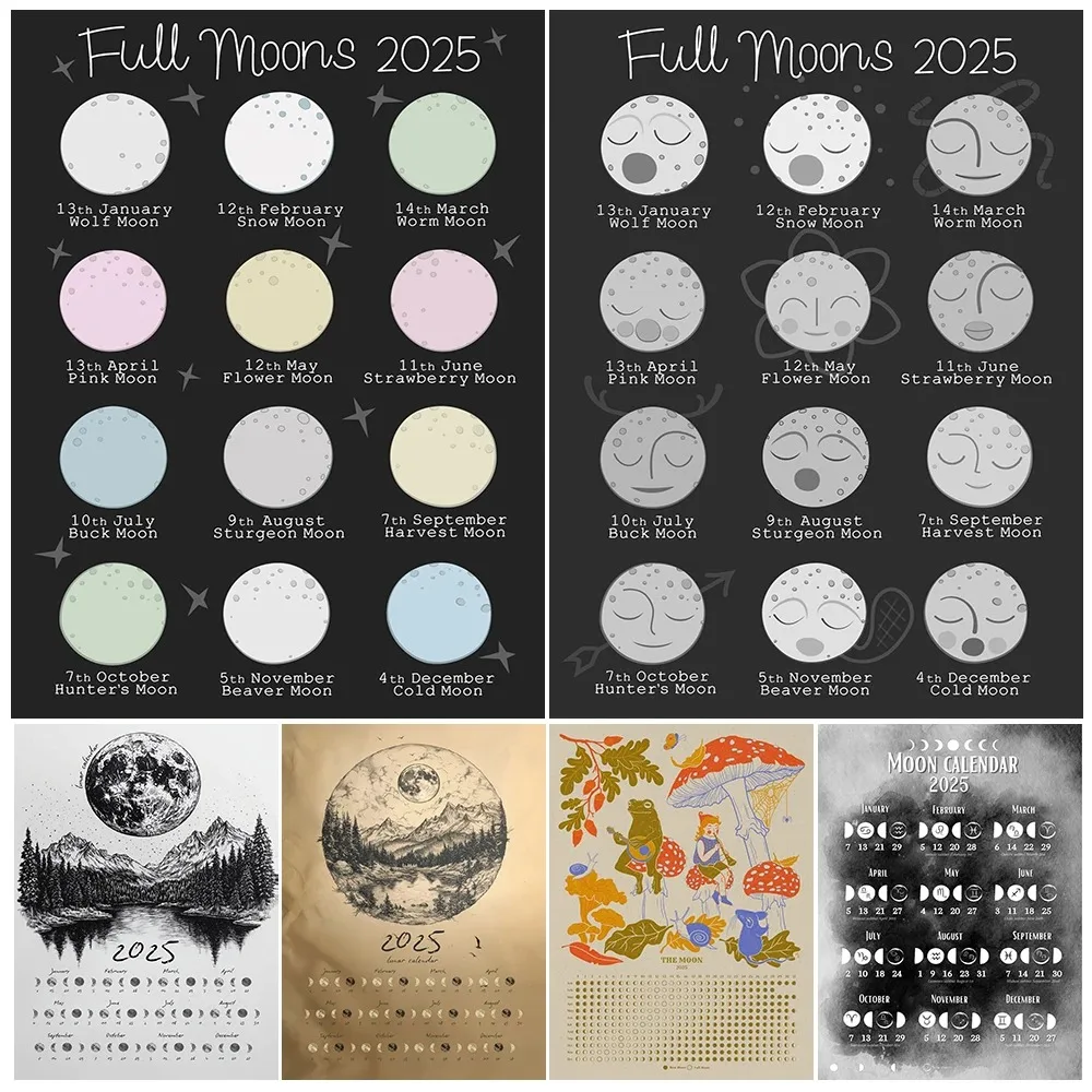 2025 Moon Phases Chart Abstract Wall Art Canvas Painting 2025 Lunar Calendar Witchcraft and Magic Art Poster Home Decor