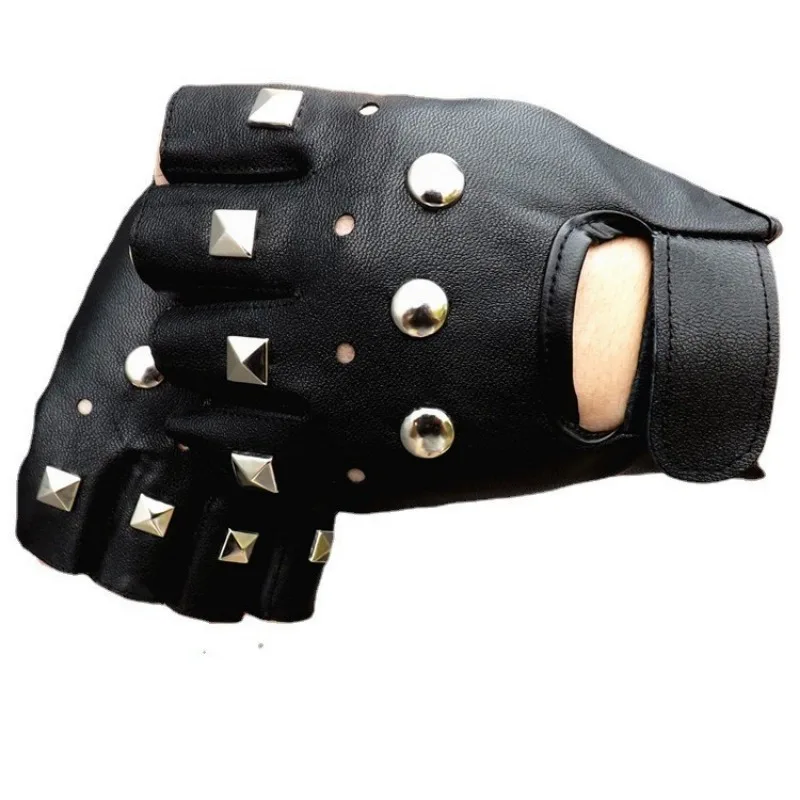 Fashion New Punk Rivet Thunderbolt Half Finger Gloves Soft Leather Sheepskin Riding Gloves Stage Performance Gloves