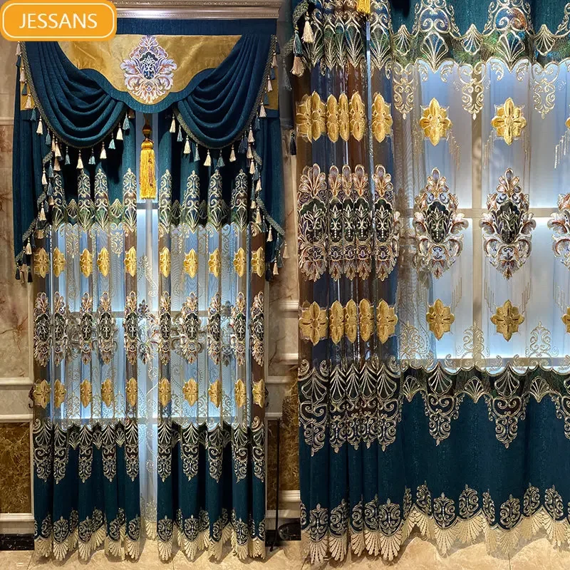 

Luxurious European style chenille palace hollow embroidery embroidered gauze curtain Curtains for Living dining room bedroom