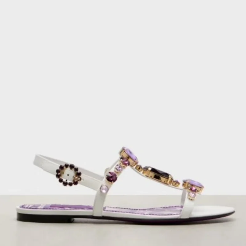 

2025 New Bohemian Printed T-Shaped Sandals Purple Rhinestones Exposed Toes Flat Heels, Fairy Style Lady Beach Shoes 35-43