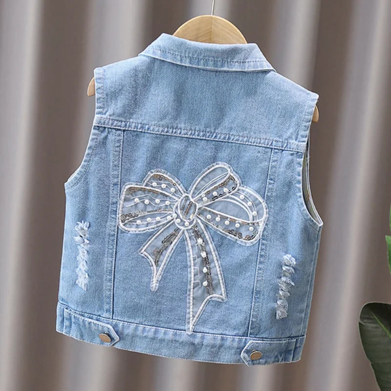 Children's Vest Spring and Autumn New Bow Crown Flower Print Flip Collar Vest Sweet and Cute Fashion Versatile Coat