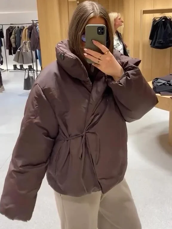 

Женская утепленная куртка-пуховик с воротником-стойкой, короткая, на талии на завязках, с длинными рукавами, стеганая, повседневная верхняя одежда