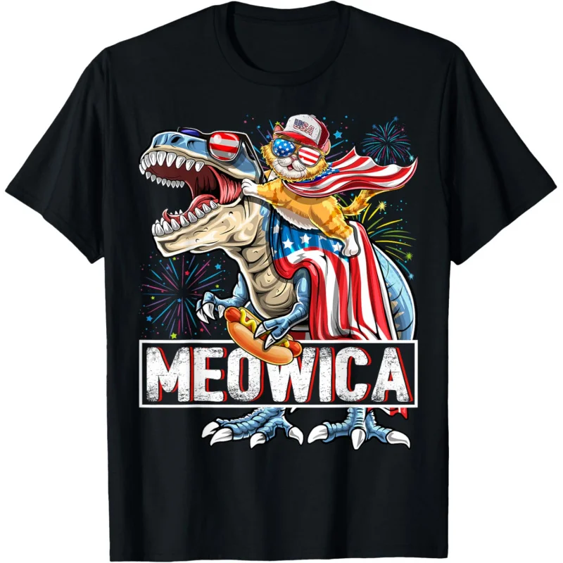 

Meowica Cat T Rex Dinosaur 4th of July American Flag Kids T-Shirt