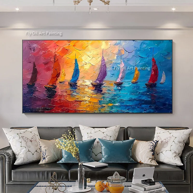 New Artwork Blue And Purple Seascape Oil Painting Hand Drawn Modern Boats On The Sea View Canvas Wall Art Decor For Living Room