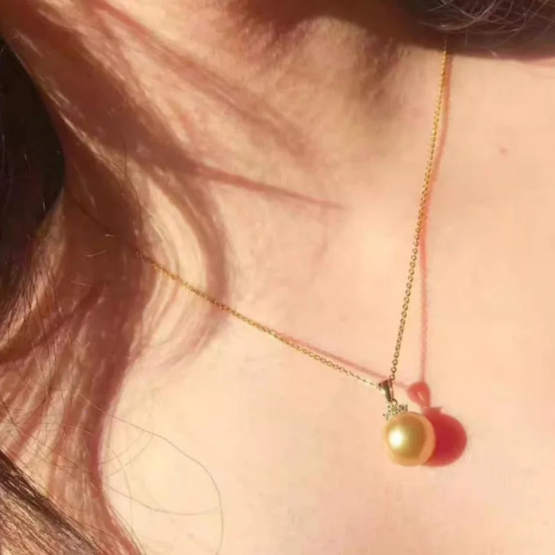 Stunning AAAA oversized 9-10MM Natural South Sea Gold Pearl Pendant Necklace 925 Silver