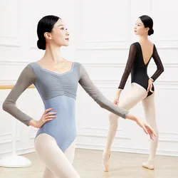 Ballet Leotards For Women Patchwork Mesh Adult Gym Skate Yoga Ballerina Dance Clothes Long Sleeve Square Collar Leotard Costume