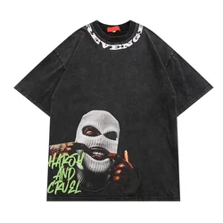 Graphic Printed Washed Cotton Men's T-shirt Summer Off Shoulder Shirts  Harajuku Man Hip Hop Streetwear Oversized Loose Top Tees