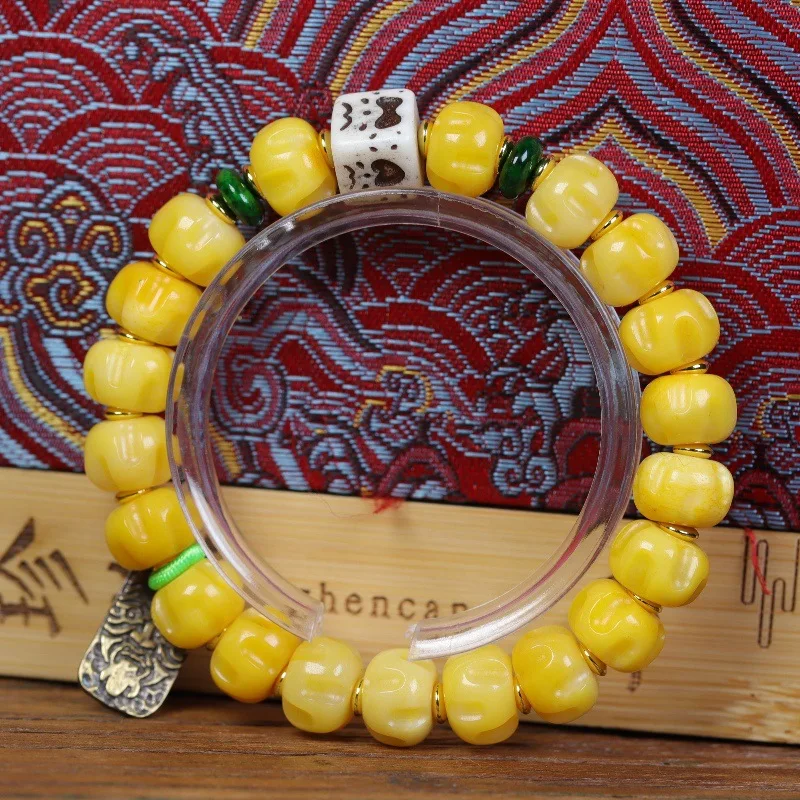 Yellow Chicken Grease Jadified Bone Carving Passion Fruit Seed Tibetan Bracelet Handheld Craf