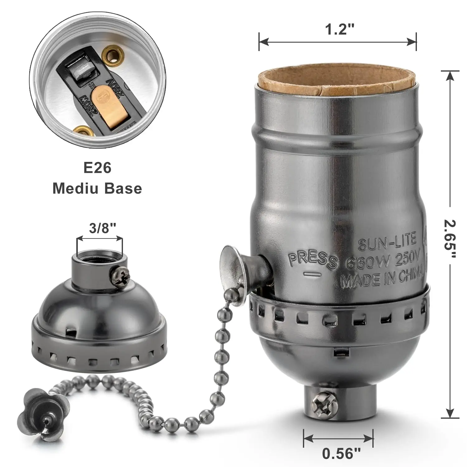 Vintage E26/E27 Lamp Socket with Pull Chain Switch, 3-Pack Black Bulb Base for Table & Floor Lamps Replacement Parts