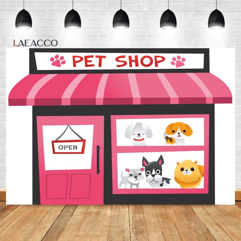 

Laeacco Pet Shop Backdrop Cartoon Pink Pets Birthday Photography Background Cute Dogs Puppy Store Baby Shower Portriat Backdrop