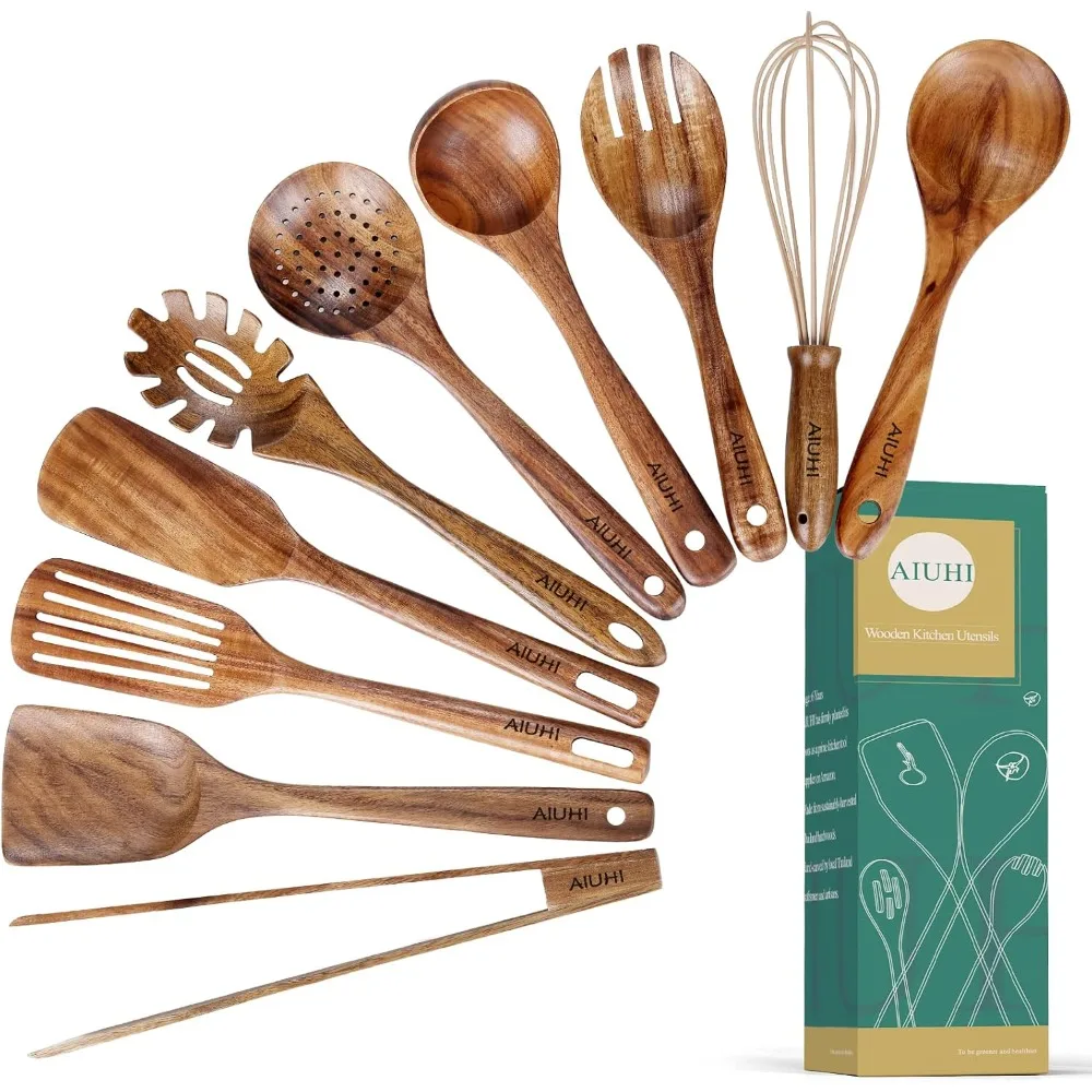 

US Shipping 10-Piece Natural Teak Wood Utensil Set for Kitchen Cooking Non-Stick Safe Spatula Spoon Ladle
