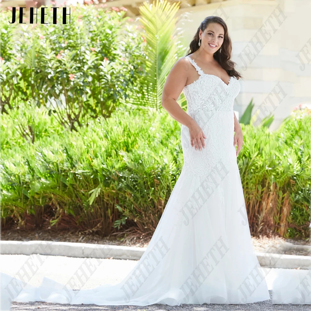 JEHETH Mermaid Exquisite Oversize Vestidos de casamento Spaghetti Straps Sweetheart Bride JEHETH Sereia Exquisite Oversize Vestidos De Casamento Spaghetti Correias Querida Noiva Vestidos Lace Applique vestidos de novia