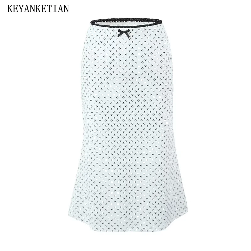 

KEYANKETIAN 2024 New Launch Women's Bow Lace Decoration Elastic Waist Floral Skirt Holiday wind Mid-length A-line Fishtail Skirt