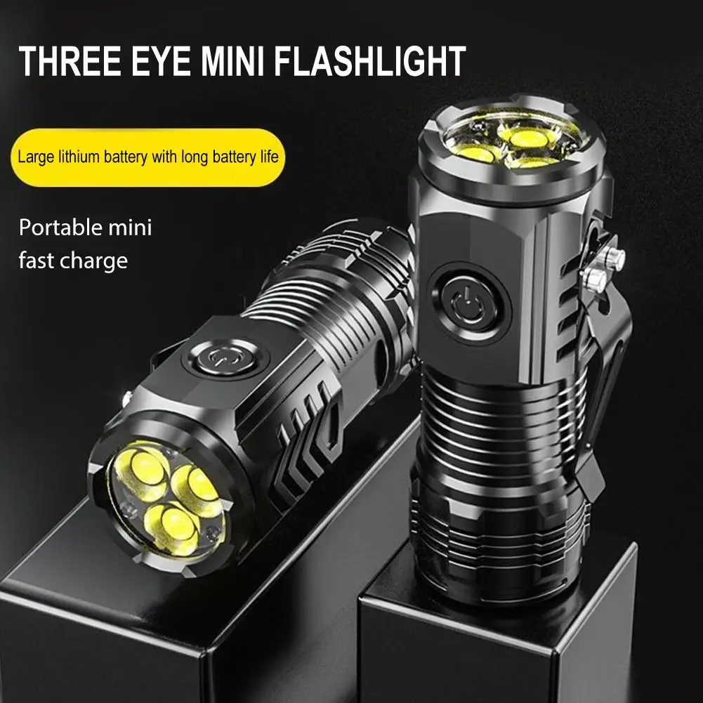 Super Bright Mini 3LED Flashlight - With Pen Clip & Tail Magnet, Built-in Battery USB Charging, Solves Outdoor Dim Lighting