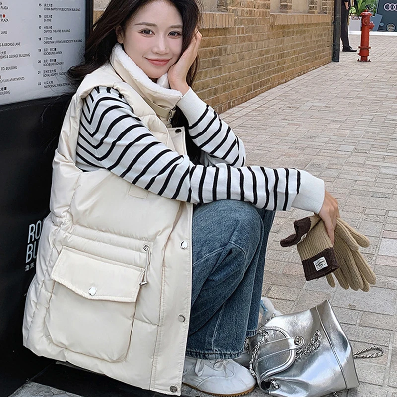 Y2K Große Tasche Ärmellose Baumwolle Weste Frauen Herbst Winter Lamm Wolle Patchwork Westen Mantel Beliebte Streetwear Unten-Baumwolle Jacke