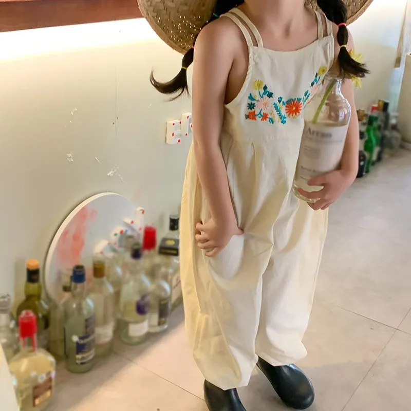 Girls Kids Overalls Summer Jumpsuit Embroidered Wide Leg Pants Fashion Children Girl Bodysuit Romper Kids Outfits 3-8Y