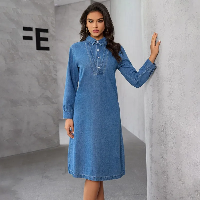 Women Denim Shirt Dress Lapel Long Sleeve Vintage Washed Half Placket Midi A-Line Dress Loose Casual Jean Dress for Spring Autum