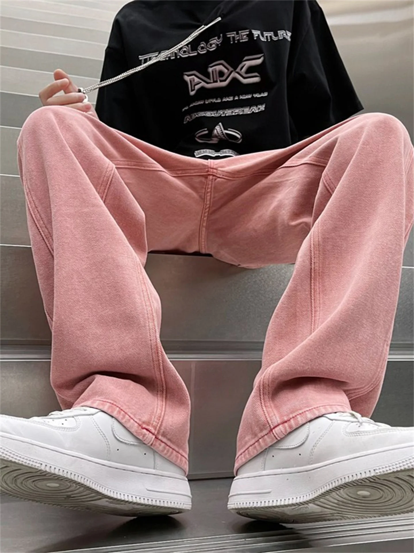 

Pink Denim Jeans Men's Summer Casual High Street Trendy Loose Straight Leg Long Pants Hip Hop Sle Youth Faion