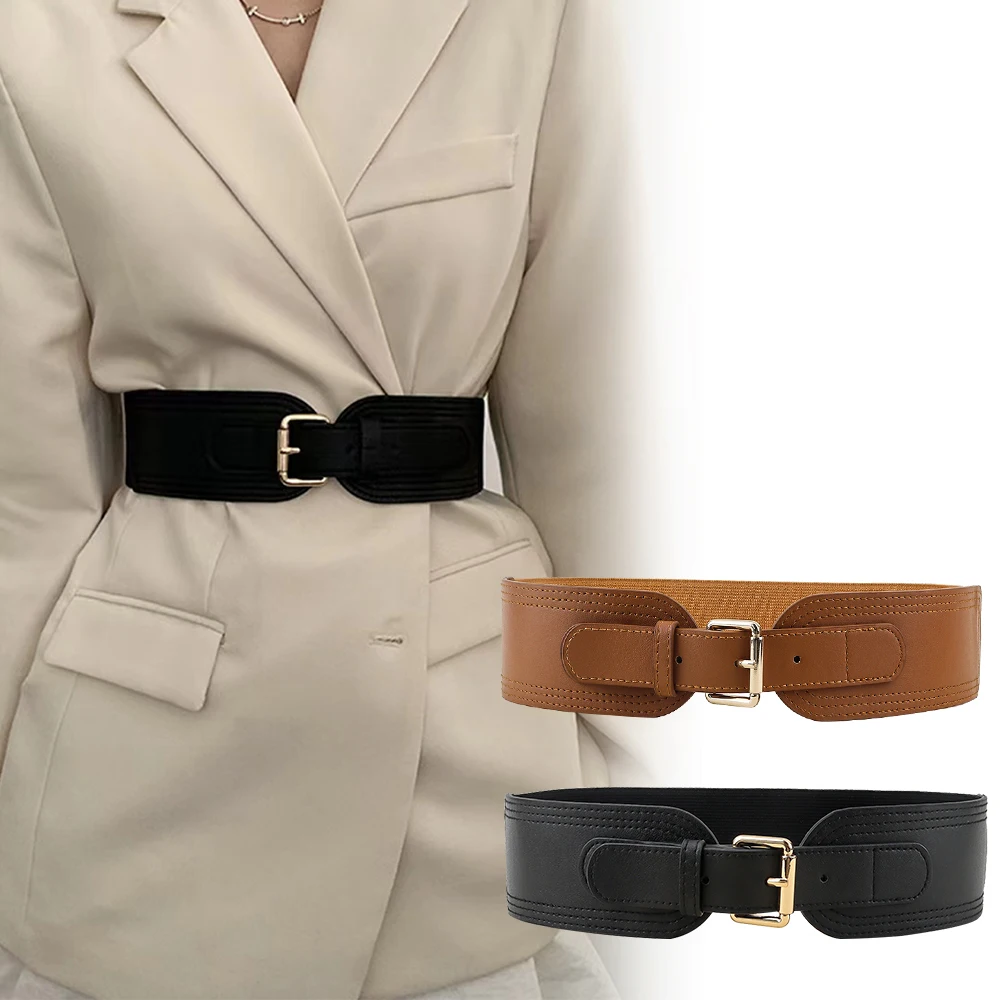 Elastic women's waist seal square pin buckle fashion belt Stretch wide belt with suit jacket