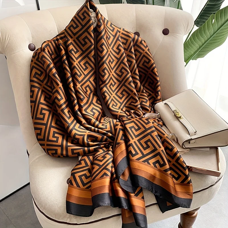 Coffee Color Large Silk Soft Scarf Women Stylish Print Long Shawl Handkerchief Summer Elegant Travel Wrap Hot 180x90cm