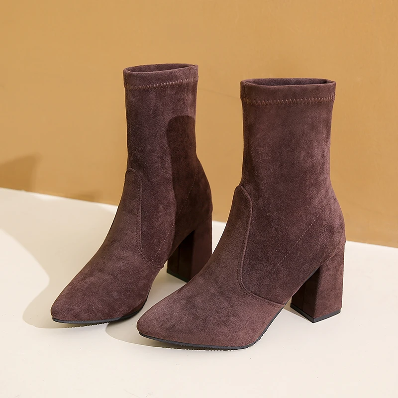 Black Brown Flock Thick Heel Ankle Boots Women Winter Shoes Nice Elegant High Heel Pointed Toe Keep Warm Short Booties Ladies