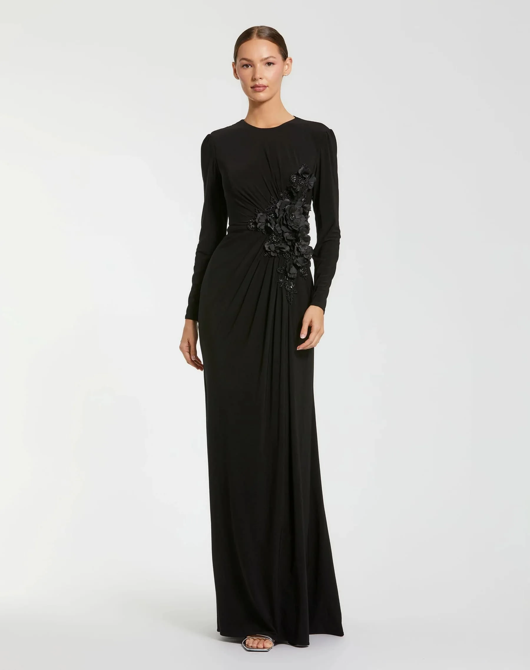 Customized Long Sleeve Jersey Evening Dress Ruched Waist Side 3D Black Floral Beaded Floor Length Elegant Party Gown