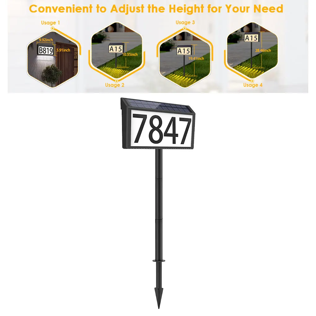 Solar Powered Address Sign House Numbers Waterproof 3-Color Lighting Modes LED Illuminated Address Plaque with Stakes for Home