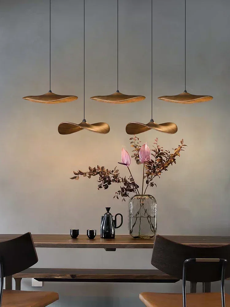 

Vintage Wabi Sabi Wind Wooden Linear Pendant Light Bar Cafe Empty Leaf Chandelier Dining Room Kitchen Home Decor Loft Lamp