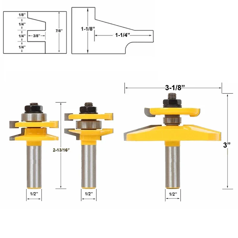 

12mm 1/2" Shank 3 Bits 15 Degree Chamfer Cabinet Door Tenon Router Bit Set Rail & Stile Raised Panel Milling Cutter