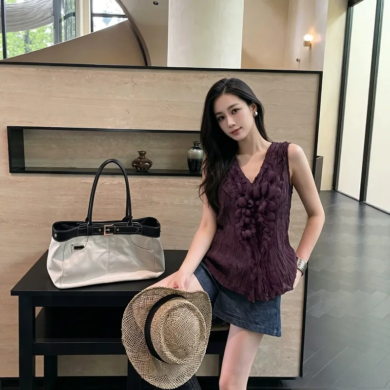 Miyake 3D Flower Bud Pleats T-Shirt 2026 New Sleeveless Vest Women Summer V-Neck Handmade Flower Waist Slim Niche Design T-shirt