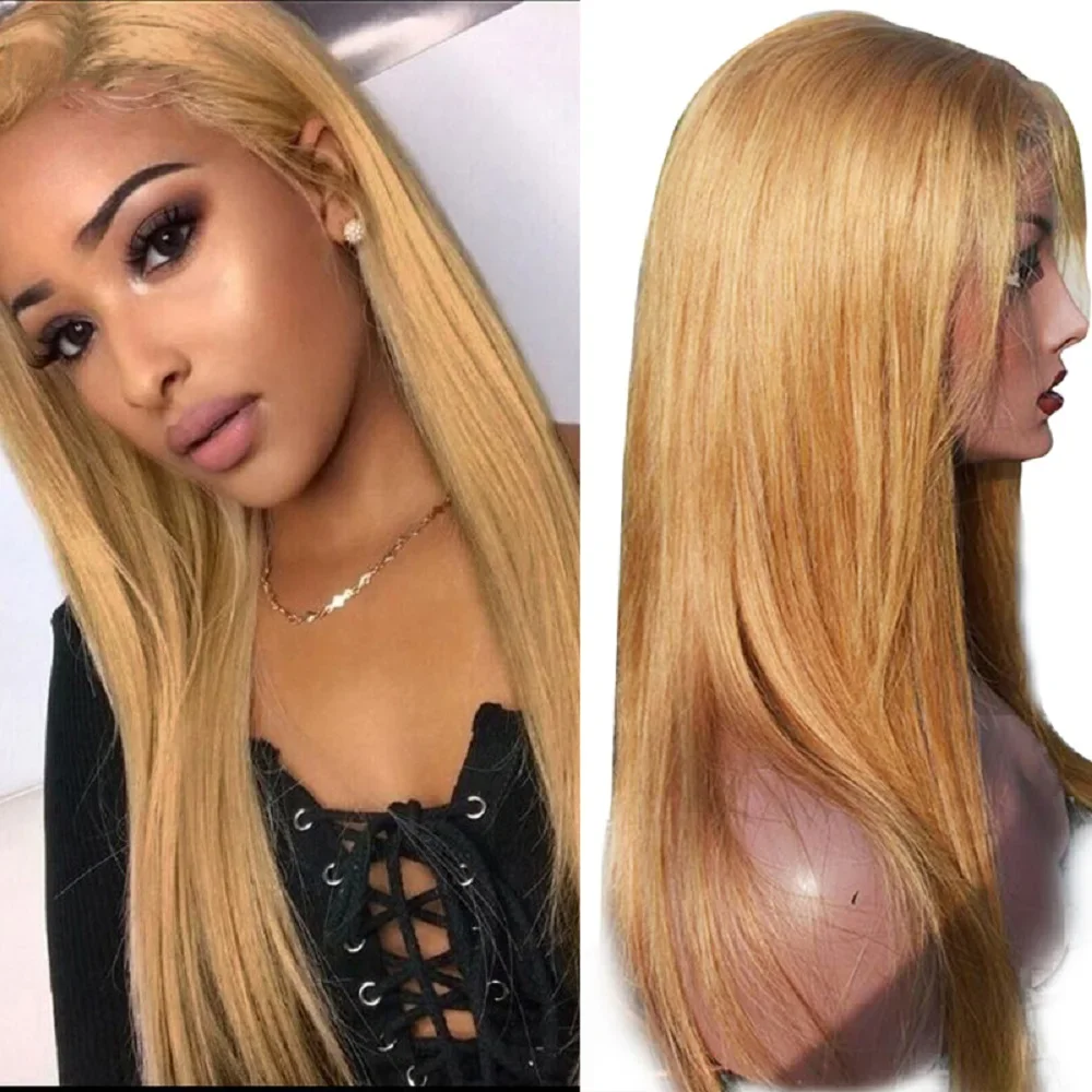 

#27 Honey Blonde Straight Lace Front Human Hair Wigs 13x6 HD Transparent Lace Frontal Human Hair Wig Raw Indian Pre Plucked 180%