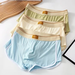 Ribbed Striped Underwear Men Soft Boxer Trunks U Convex Pouch Panties Male Comfy Lingerie Breathable Bottom Shorts Underpants