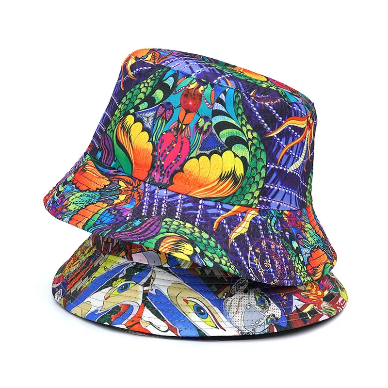 2023 New Strange Graffiti Print Cotton Bucket Hats Men Women Outdoor Summer Sun Panama Hip Hop Beach Fishing Fisherman Hat Man