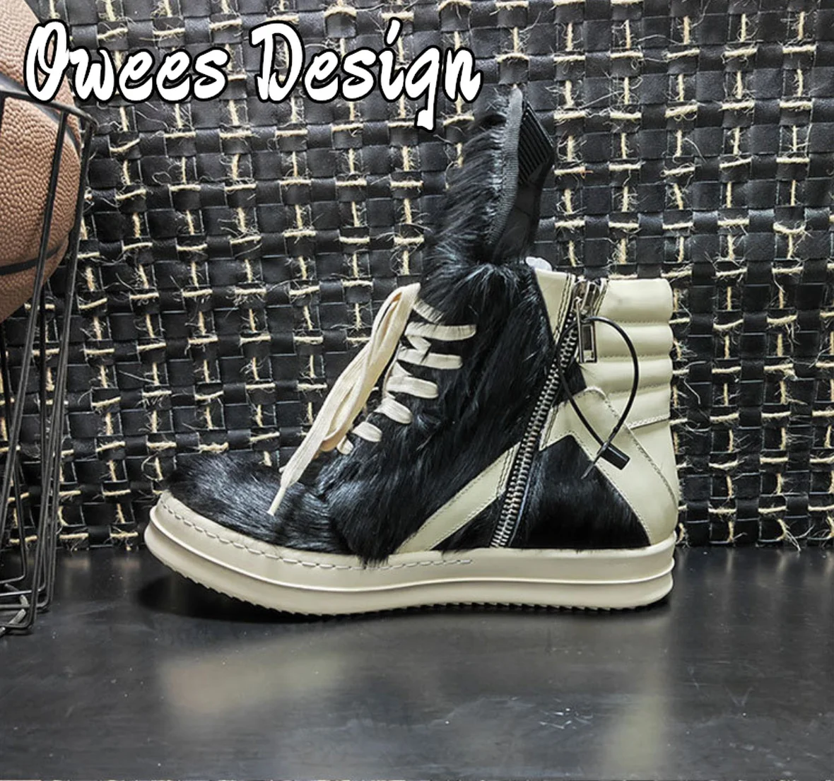 Owees Design Zipper Ankle Boots Men's Horsehair High-tops Sneakers Women Thick Soled Quality Leather Lace-up Fashion Shoes image 4