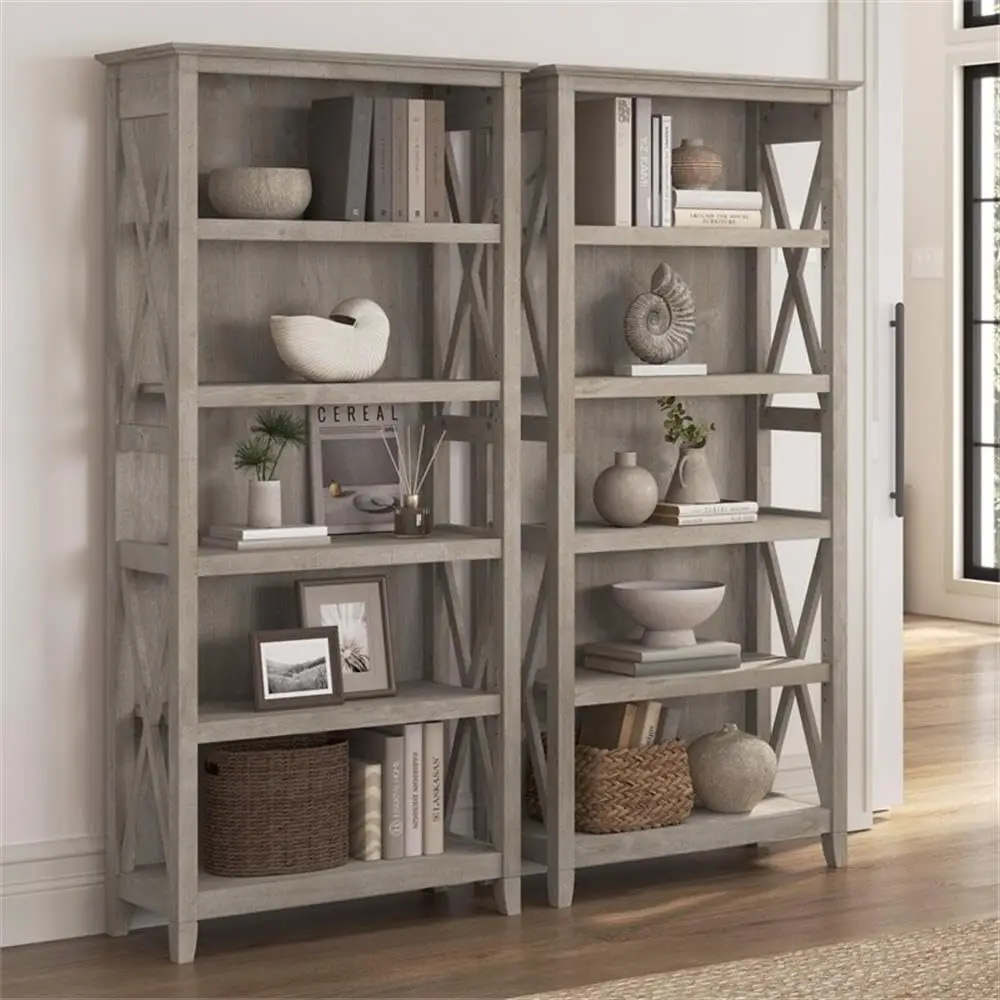 Furniture Key West 5 Shelf Bookcase - Set of 2 Tall Bookshelves in Washed Gray Sturdy Display Shelves for Library