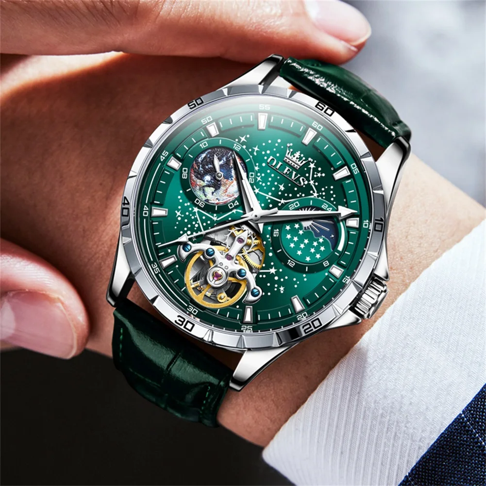 Top Brand Tourbillon Watch Men Waterproof Sport Military Wristwatch Men Business Automatic Male Clock Green Leather Reloj Hombre