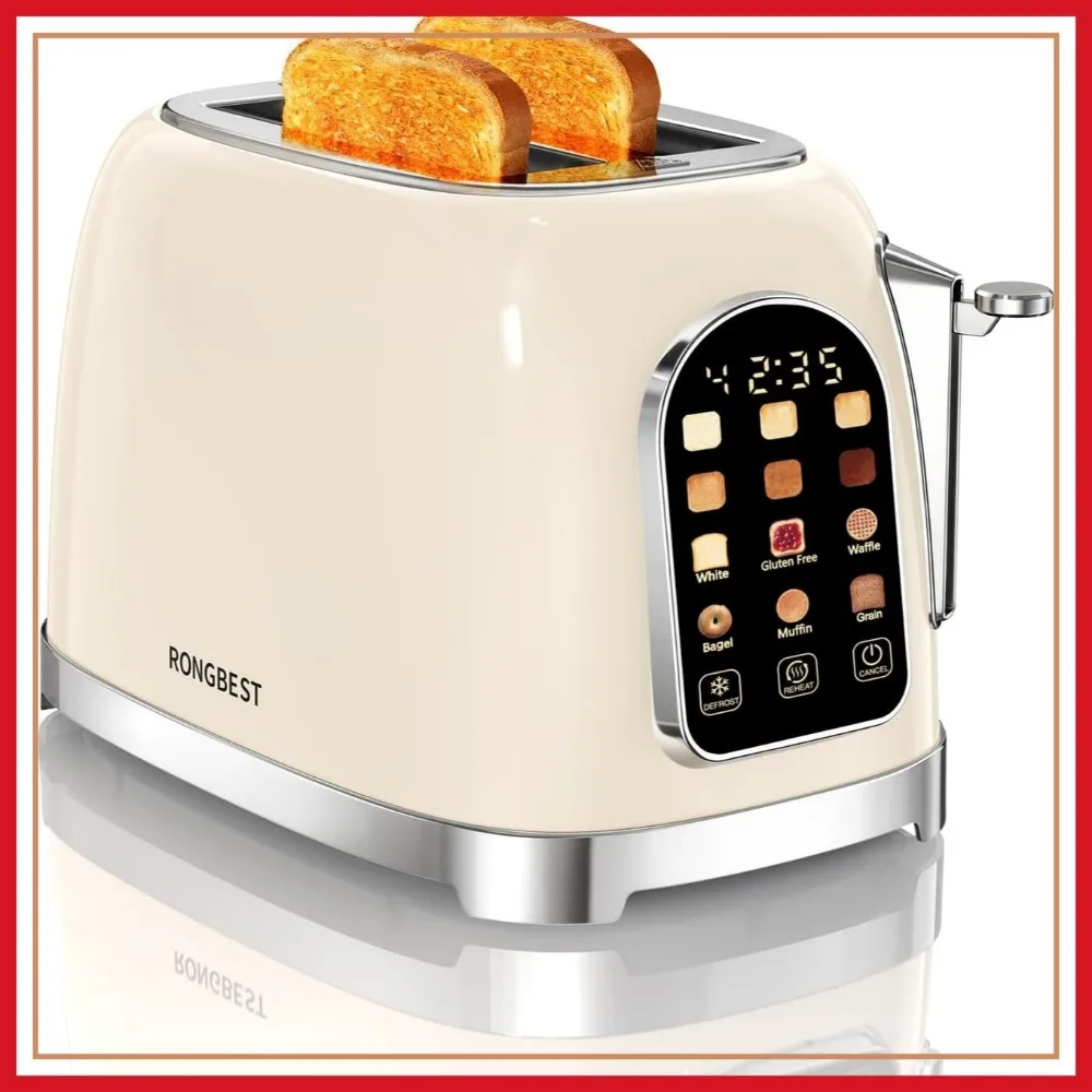 

Retro 2 Slice Toaster with Touch Screen, Wide Slot, 6 Browning Levels, Reheat & Defrost, Removable Crumb Tray, Cream