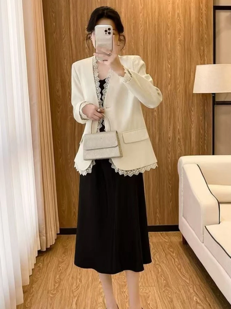 2025 Spring Autumn New Women Korean Style Blazer Trendy Elegant Lace Trimmed Acetate Drape Slimming Designer Suit Jacket