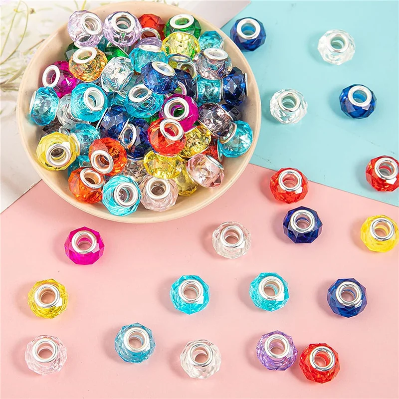10Pcs Assorted Color 14x8mm Cut Faceted Loose Spacer Beads 5mm Large Hole European Beads Charms fit Bracelet Garden Stakes Pens