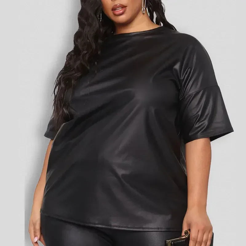 Plus Size Women Black Matte Leather Top Trousers Sets 7XL Casual Loose Mid Sleeve Top Stretch PU Pants Suits 8XL Custom 6XL