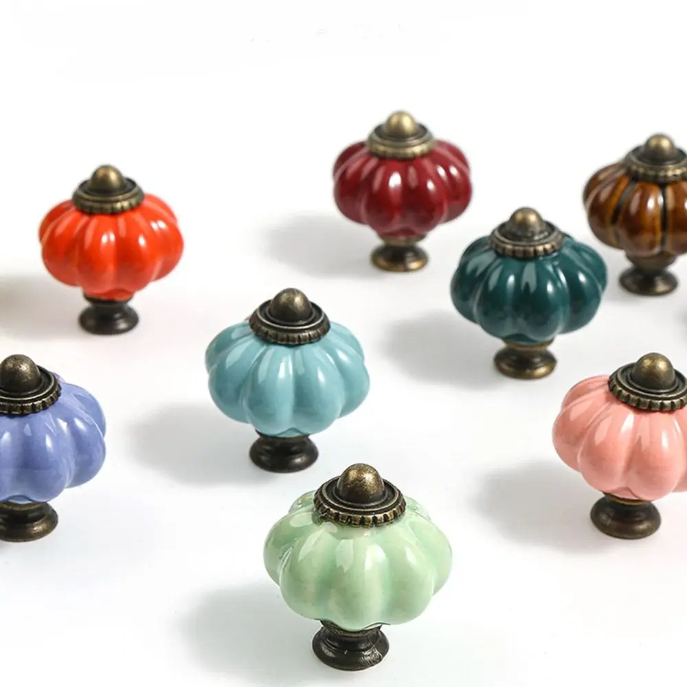 Retro Single Hole Ceramic Pumpkin Handle Round Vintage Cabinet Knob European Style Drawer Knobs Kitchen