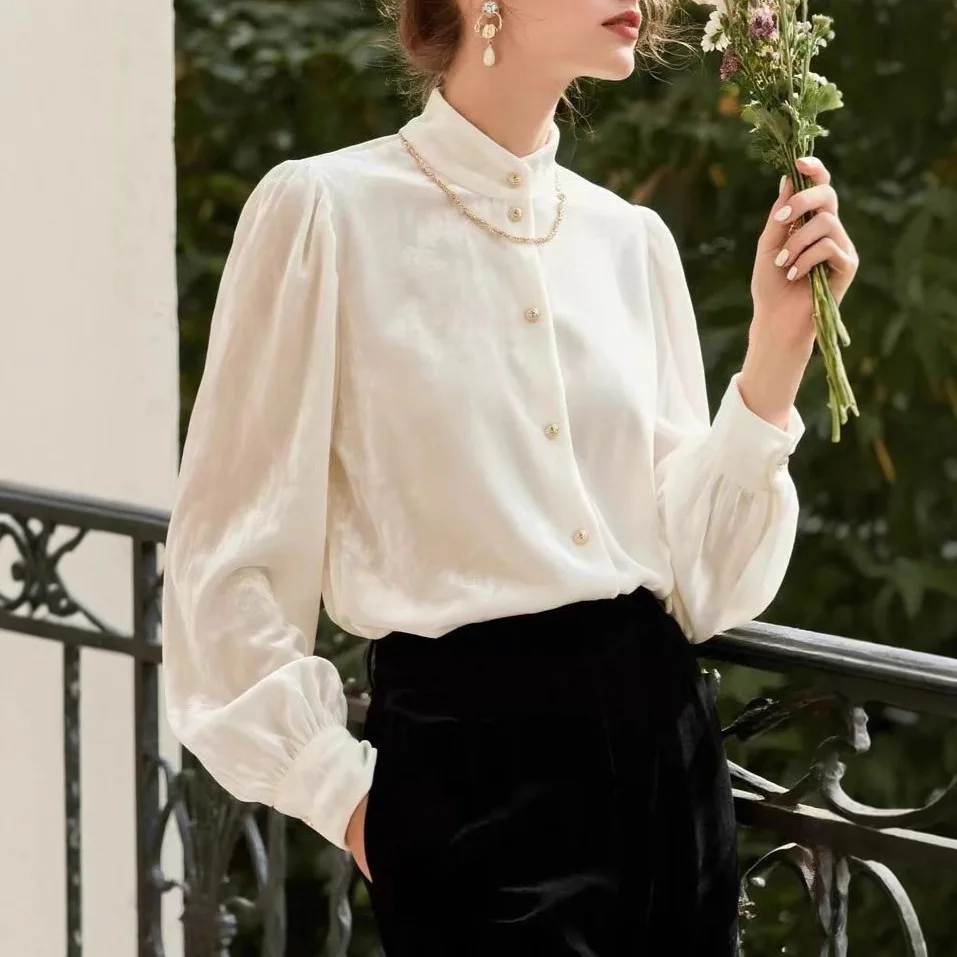 Womens Shirt Spring and Autumn Korean Version Stand Up Collar Velvet Shirt Daily Casual Simple Temperament Versatile
