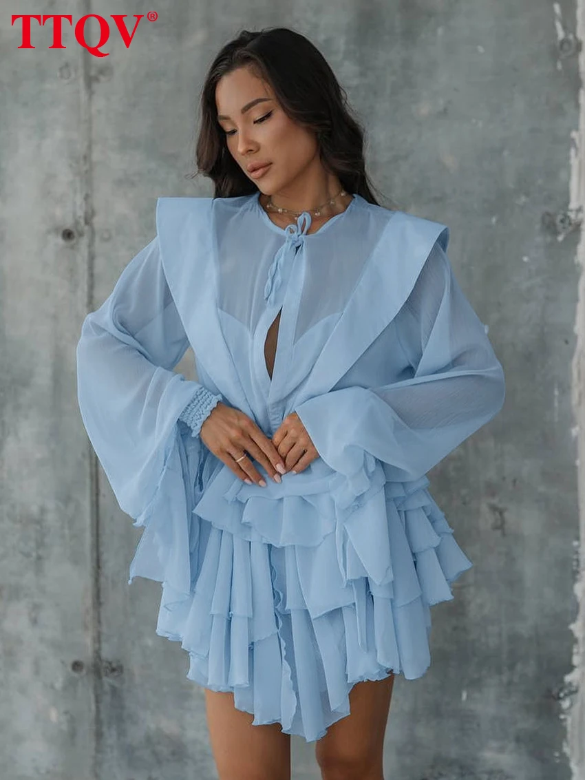 

TTQV Fashion Loose Blue Chiffon Women Dress 2025 Casual O-Neck Long Sleeve Mini Dresses Elegant Lace-Up Pleated Female Dress