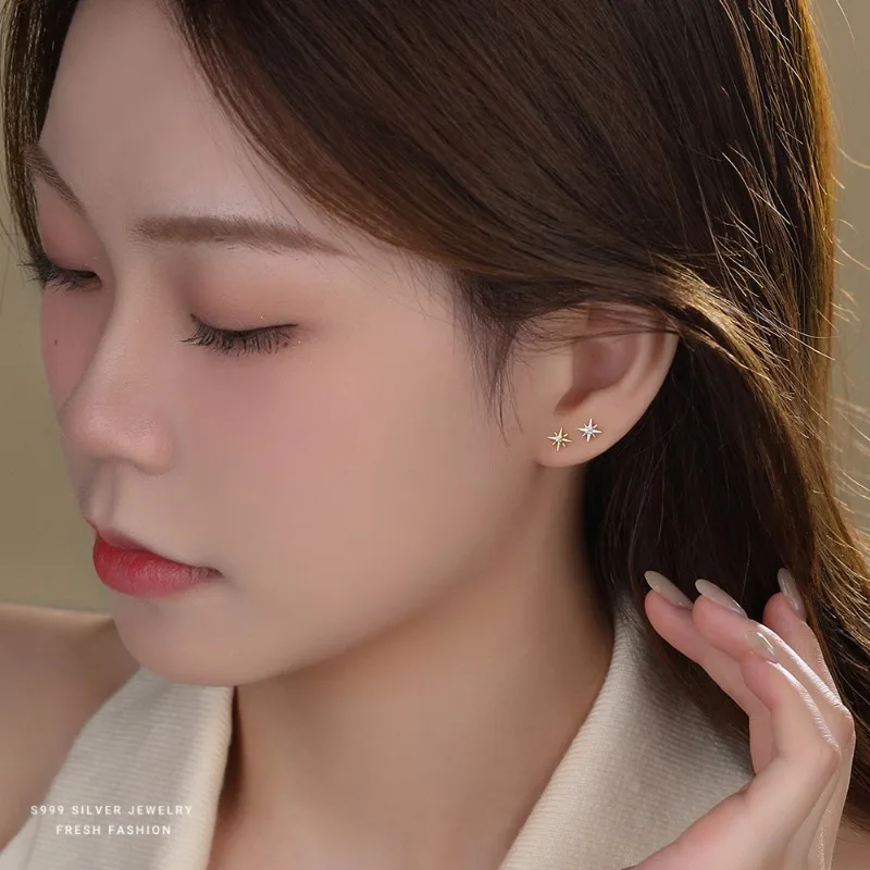 S925 Sterling Silver Cubic Zirconia Eight-pointed Star Design Symmetric Earrings for Women Suitable for Daily Wear Gift